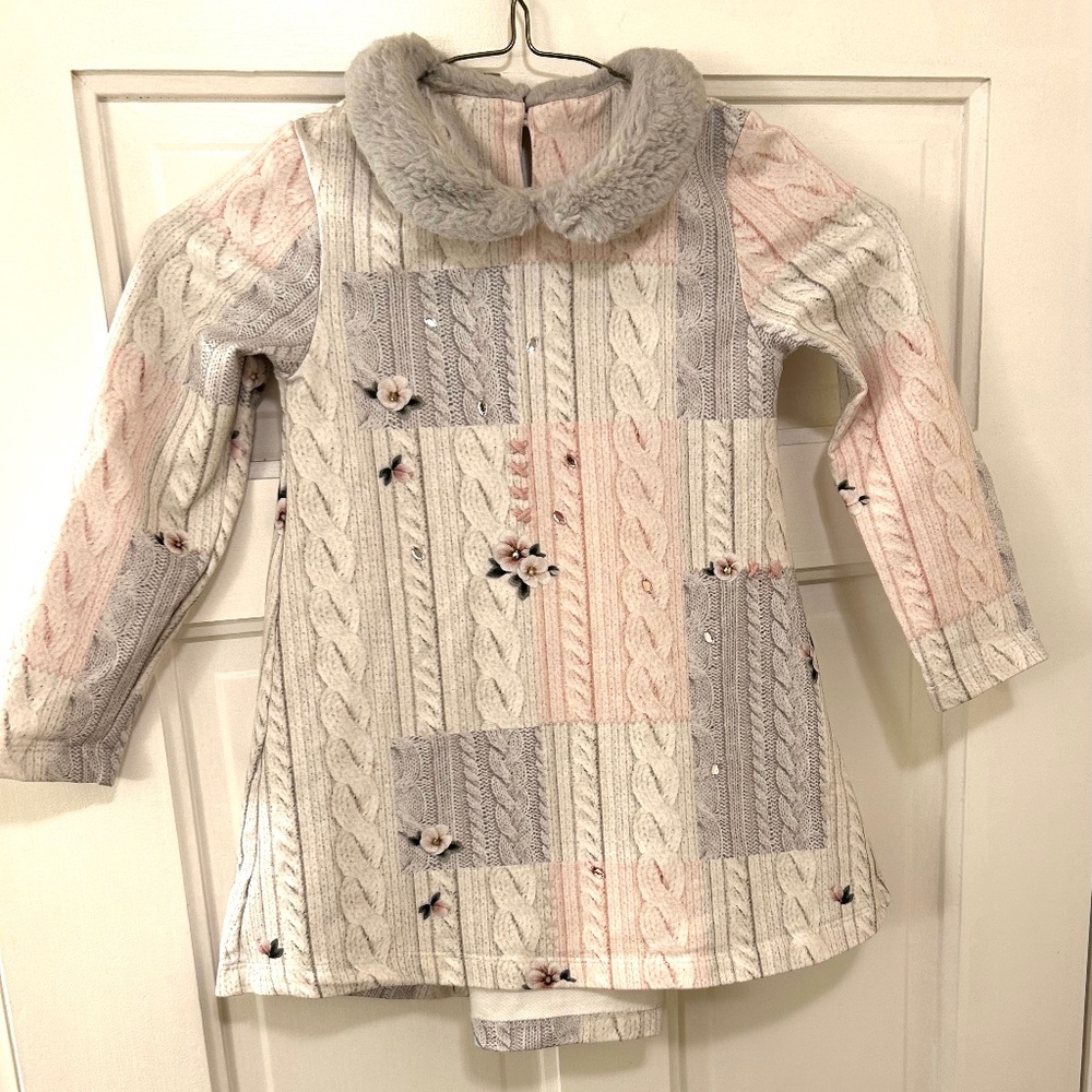 Lapin House girl's size 4 cable-knit look shift dress faux-fur collar